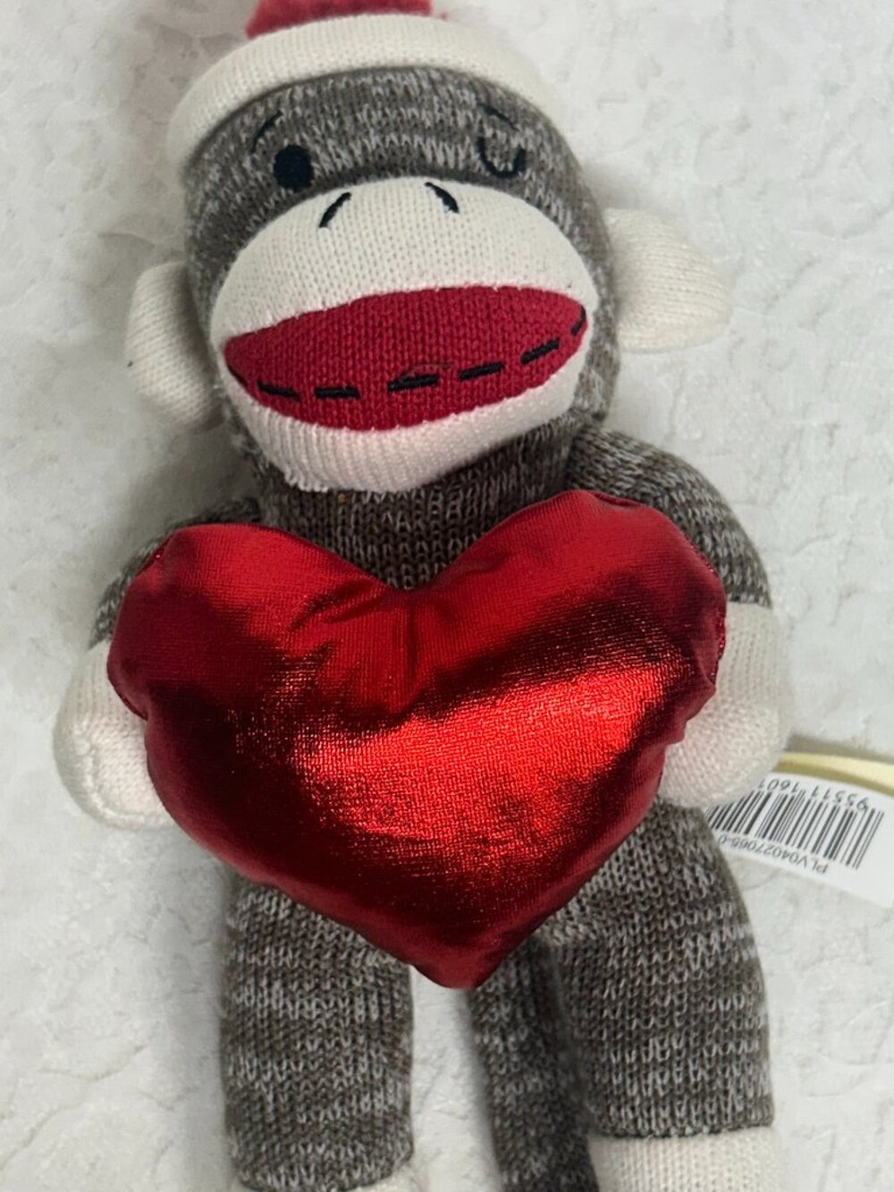 Classic Sock Monkey Plush with Red Heart Gray Valentine Stuffed Toy